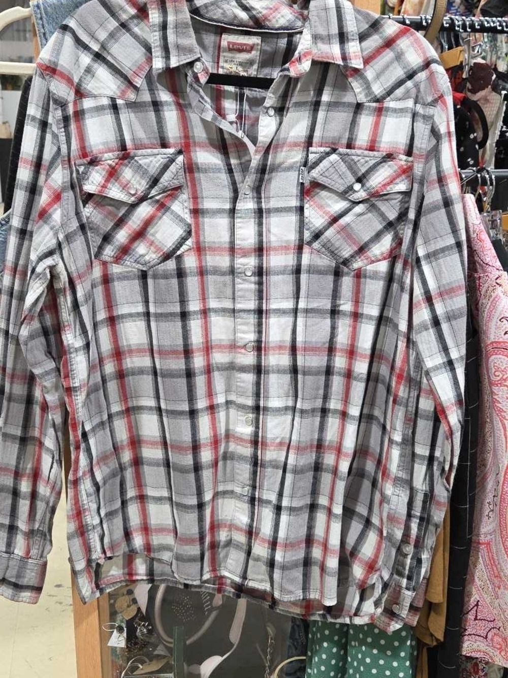 Levi's Gray, White & Red Plaid Long-Sleeve Snap Button Shirt